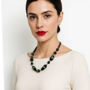 Vintage Green and Black glass bead mid century modern necklace